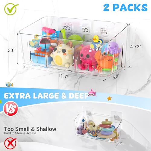 Bath Toy Storage 2 Packs, Large Bath Toy Holder - 3 Compartments, Quick-Dry | BPA-Free Bathtub Toy Organizer, Wall-Mounted Adhesive Shower Caddy, Bathroom Toy Basket & Bin for Baby, Toddler, Kids, Clear