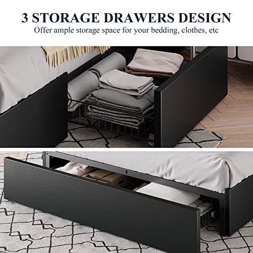 Allewie Full Size Platform Storage Bed Frame with 3 Drawers, Black