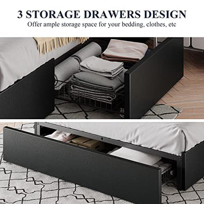 Allewie Full Size Platform Storage Bed Frame with 3 Drawers, Black