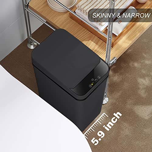 Touchless Bathroom Trash Can - 2.5 Gallon Smart Trash Can Sensor Motion | Skinny Trash Bin with Lid - Electric, Narrow, Plastic, Auto Open - Small Slim Automatic Garbage Can ( Black )