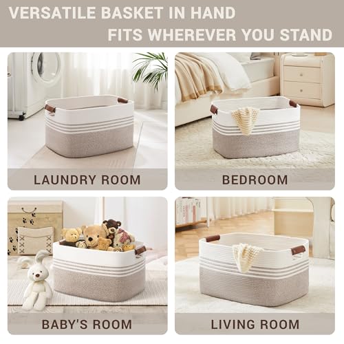 72L Large Woven Laundry Basket Hamper with Leather Handles,Brown | collapsible wicker hamper, storage for dirty clothes, toys, blankets, gifts, living room, bedroom, bathroom, 22"x17"x12"