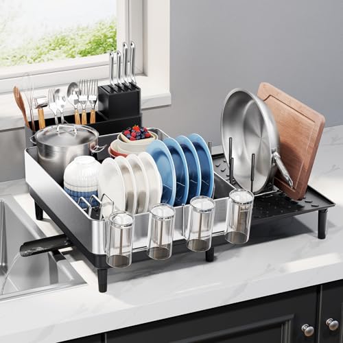 Urackify Expandable Dish Drying Rack, Stainless Steel, Large Capacity | Multifunctional Drainboard for Kitchen Countertop, Removable Cutlery Tray, Foldable Cup Holder, 20.4"L x 20"W, Silver
