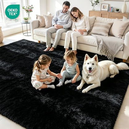 8x10 Area Rug for Living Room, Ultra Soft Fluffy Black Rugs for Bedroom, Non Slip Large Shag Carpet, Fuzzy Plush Nursery Rug, Thick Washable Indoor Floor Carpets for Kids Office Dorm Home Decor
