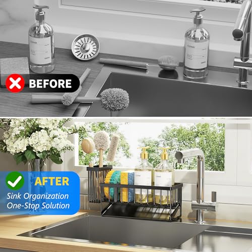 Sink Caddy Sponge Holder for Kitchen with Brush Holder and Stainless Steel Self Drain Tray, Rustproof Kitchen Sink Organizer for Sponge, Soap Dispenser Storage Accessories