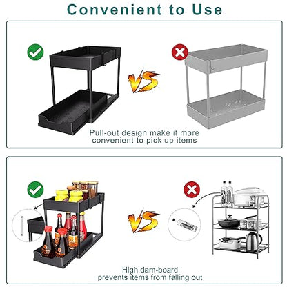 MEAFBIRD 2 Pack Under Sink Organizer, 2 Tier Bathroom Cabinet Organizer with Sliding Basket, Multi-Purpose Under Sink Organizers and Storage for Bathroom Kitchen (Black 2 Pack)