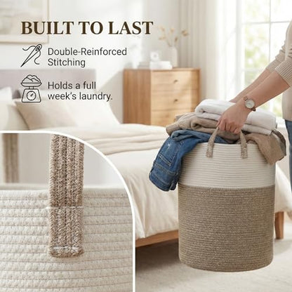 60L Cotton Rope Laundry Basket Hamper, Brown | Collapsible Laundry Basket, Reinforced Handles, Freestanding, Machine Washable, Holds 3-5 Thick Blankets, Clothes or Toys