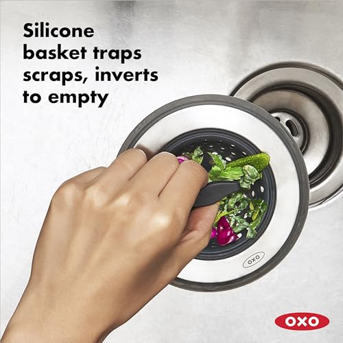 OXO Good Grips 2-in-1 Sink Strainer Stopper, Kitchen Sink Stopper | Catches Debris And Stops Drain, Easy-Lift Tab, Flexible Silicone, Fits Standard Drains, Dishwasher Safe, Kitchen Sink
