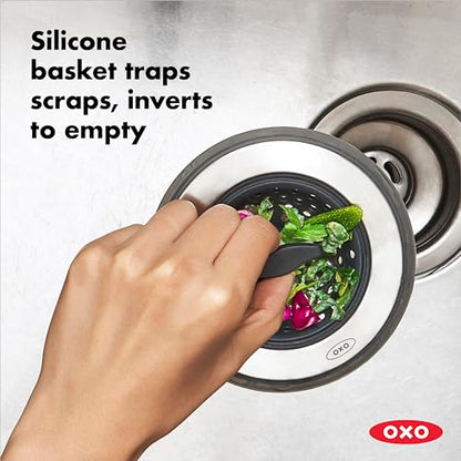 OXO Good Grips 2-in-1 Sink Strainer Stopper, Kitchen Sink Stopper | Catches Debris And Stops Drain, Easy-Lift Tab, Flexible Silicone, Fits Standard Drains, Dishwasher Safe, Kitchen Sink