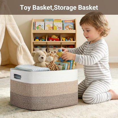 75L Large Woven Storage Basket, Cotton Rope Laundry Hamper with Handles, 22”x17”x12” Rectangle Blanket Basket for Toys, Clothes, Pillows, Nursery and Living Room, Gradient Brown/White
