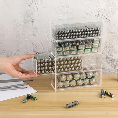BTSKY Clear Acrylic Battery Storage Organizer for AA, AAA, 9V, C Batteries | 4-Drawer Storage Box Battery Holder Organizer for Common Types Batteries, Household Container, 1 Pack(Batteries Not Included)