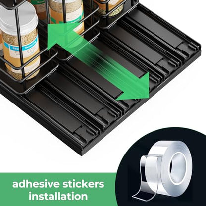 Mystozer Pull Out Spice Rack Organizer for Cabinet, Slide Out Spice Racks, Easy to Install Spice Cabinet Organizers, 7.4" Wx10.43 Dx8.26 H, 3 Drawers 2 Tiers(Black)