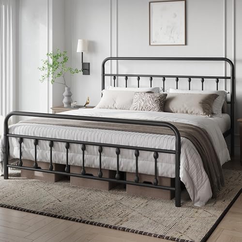 Yaheetech King Bed Frame with Headboard, Victorian Vintage Black Iron