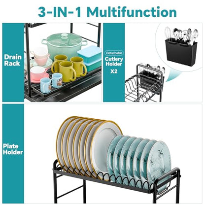 Simple Trending Dish Rack, Dish Drying Rack 2 Tier, Stainless Steel Dish Drainers with Utensil Holder and Drainboard for Kitchen Sink Organizers, 12" w x 16.6" L, Black