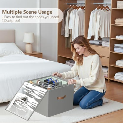 Vincona Shoe Organizer for Closet,2 Pack Shoe Storage Bins Foldable Shoe Storage Box Containers with Clear Cover and Sturdy Handles,Shoe Rack for Closet Storage for Sneakers Heels Slippers (Grey)