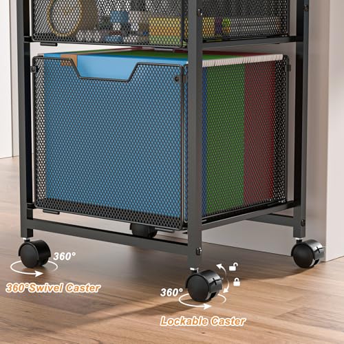 6-Tier Rolling File Cart Multi Mobile Drawer Cabinet Black | File cabinet organizer with wheels, letter size filing storage cart, home office hanging folder storage for teacher