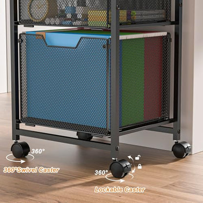 6-Tier Rolling File Cart Multi Mobile Drawer Cabinet Black | File cabinet organizer with wheels, letter size filing storage cart, home office hanging folder storage for teacher