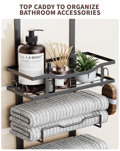 Aetyord Hanging Towel Racks for Bathroom No Drill - 6-Tier Over The Door Bath Towel Storage Organizer for Small Bathrooms - Tiered Back of Door Towel Holder Hanger for Rolled Towels RV Camper Black