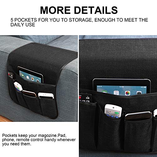 Sofa Armrest Organizer Non-Slip Remote Control Holders for Recliner Couch Chair Armchair Caddy with 5 Pockets for Table,Cell Phone,Ipad,Magazines,Books (Black, 13 x 35 Inch)