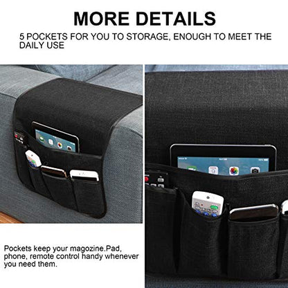 Sofa Armrest Organizer Non-Slip Remote Control Holders for Recliner Couch Chair Armchair Caddy with 5 Pockets for Table,Cell Phone,Ipad,Magazines,Books (Black, 13 x 35 Inch)