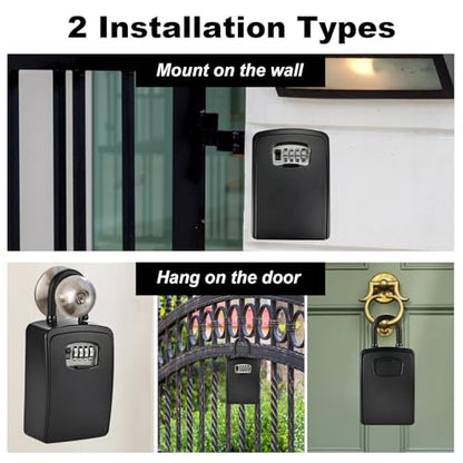 XXL Large Key Lock Box, 5.5"x4.1"x2.1", Upgraped Material | Waterproof Kirsite Combination Lockbox for Keys Outdoor, Portable Key Lock Box Wall Mount with Code (1 Pack, Black)
