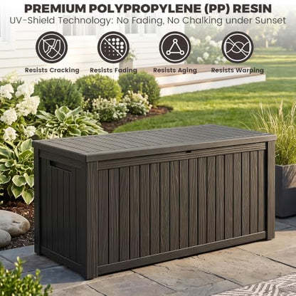 Outdoor Storage Box, 200 Gallon Waterproof Deck Box [Upgraded 3.1], Large Resin Storage with Hydraulic Lifts for King Cushions, Heavy Duty Lockable Bench Seat, Pool Deck, Black