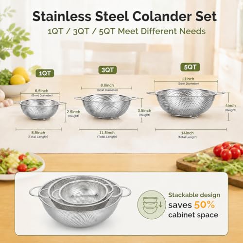 TeamFar Colander Set of 3, Stainless Steel Perforated Colander Strainer | Metal Food Strainer for Draining/Washing/Rinsing Pasta Vegetables Fruits, Healthy, Sturdy & Dishwasher Safe - 1/3/5 Quart