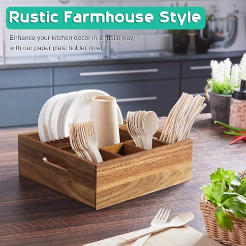 ALELION Acacia Wood Utensil Holder for Party - Paper Plate Organizer for Countertop - Silverware Caddy with 6 Compartments for Plate, Cup, Fork, Spoon - Cutlery Holder for Kitchen Camping Buffet
