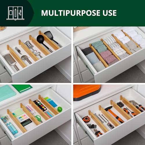 Bamboo Drawer Dividers Organizers, Adjustable Drawer Separator Splitters, 17–22 Inches Expandable Drawer Divider Organizer for Large Utensils, Kitchen, Bedroom, Dresser & Office Drawers 4-Pack