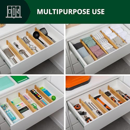 Bamboo Drawer Dividers Organizers, Adjustable Drawer Separator Splitters, 17–22 Inches Expandable Drawer Divider Organizer for Large Utensils, Kitchen, Bedroom, Dresser & Office Drawers 4-Pack