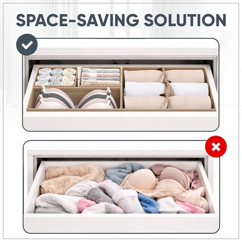 Dresser Drawer Organizer Clothes, 6 Pack Foldable Storage Boxes with Zipper, 600D Fabric, Cream, Drawer Dividers for Underwear, Socks, Baby Clothes