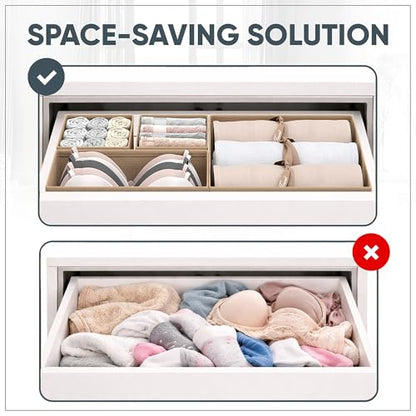 Dresser Drawer Organizer Clothes, 6 Pack Foldable Storage Boxes with Zipper, 600D Fabric, Cream, Drawer Dividers for Underwear, Socks, Baby Clothes