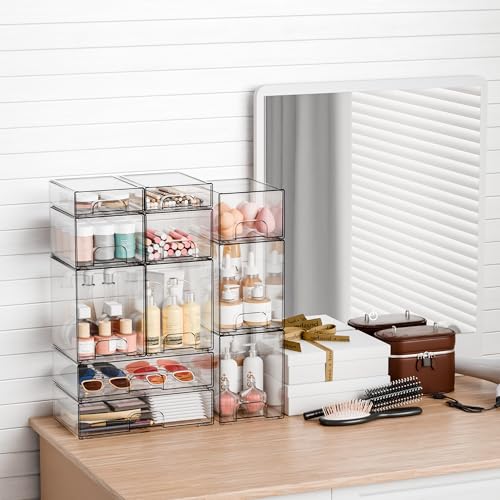 4 Pack Clear Stackable Storage Drawers,4.4'' Tall Acrylic Drawer Containers for Organizing,Bathroom Organizers and Storage Bin Box,Plastic Makeup,Medicine Organizer Bins for Cabinet,Undersink