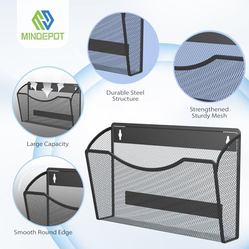 MINDEPOT Magnetic Wall File Organizer, Hanging File Holder, 3 Pack, Black | Heavy Duty Iron, Powerful Magnet, Metal Mesh Wall Mount, Single Pocket, for Office School Classroom Home, Letter A4 Size