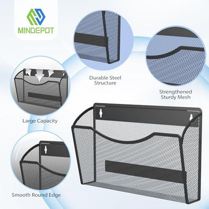 MINDEPOT Magnetic Wall File Organizer, Hanging File Holder, 3 Pack, Black | Heavy Duty Iron, Powerful Magnet, Metal Mesh Wall Mount, Single Pocket, for Office School Classroom Home, Letter A4 Size