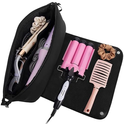Hair Tools Organizer - Hot Hair Tools Travel Bag with Heat Resistant Mat, Large Capacity Pouch for Flat Irons, Curling Wands, Hair Dryers - Black