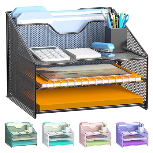 Desk File Organizer, Mesh Letter File Folder Holde... (3 Count | 1 Pack Black | Metal)