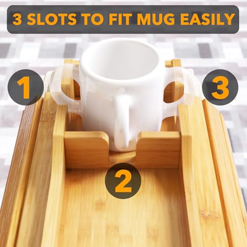 SpaceAid Bamboo Couch Cup Holder, Anti Falling Foldable Sofa Armrest Tray with Cup Holder, Couch Arm Side Table Organizer for Drink Cup Remote Snacks (Natural)