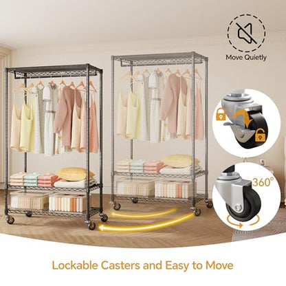 Higeego H4 Heavy Duty Clothes Rack, Black Clothing Rack with Grey Cover | Rolling Clothes Rack with Cover, Garment Rack on Wheels, Portable Closet for Hanging Clothes, Max Load 380LBS