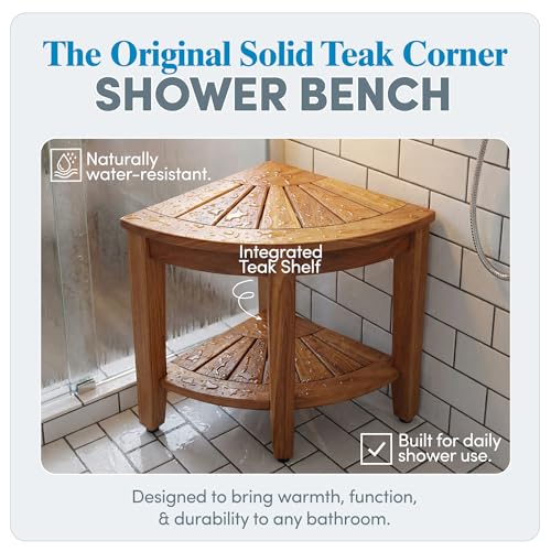 AquaTeak Kai Corner 15.5" Teak Shower Bench | Durable, Water-Resistant Teak, Shower Chair & Shaving Foot Rest, Indoor/Outdoor Use