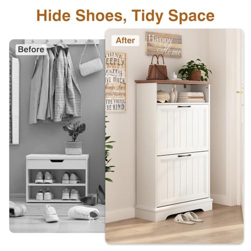 24" W Hidden Shoe Storage Cabinet with 2 Flip Drawers & Open Storage | Farmhouse Modern Shoes Rack Cabinet,Adjustable Shelves, Narrow Slim Shoes Organizer for Entryway,Foyer,Hallway,Antique White