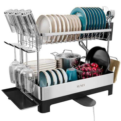 2 Tier Dish Drying Rack, Extra Large Dish Rack, Multifunctional Large Dish Drainers for Kitchen Counter, 304 Stainless Steel Kitchen Drying Rack, Bowl Drying Rack, Extendable Drain Spout, Black