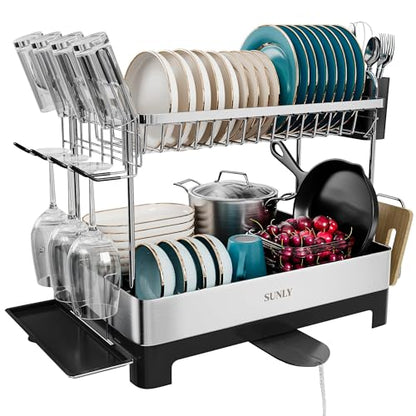 2 Tier Dish Drying Rack, Extra Large Dish Rack, Multifunctional Large Dish Drainers for Kitchen Counter, 304 Stainless Steel Kitchen Drying Rack, Bowl Drying Rack, Extendable Drain Spout, Black