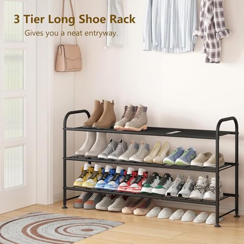 LINZINAR 3 Tier Long Shoe Rack for Closet Metal Shoe Organizer for Entryway | Spacious design stores 20+ pairs of shoes,durable metal frame,space-saving organizer for closet, hallway, and Entryway Black