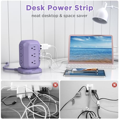 USB C Power Strip Tower with 12 AC Outlet and 4 USB Ports Purple | 10 FT Extension Cord, 1200J Surge Protector, USB Charging Station Office Supplies, Dorm Essentials, Woman