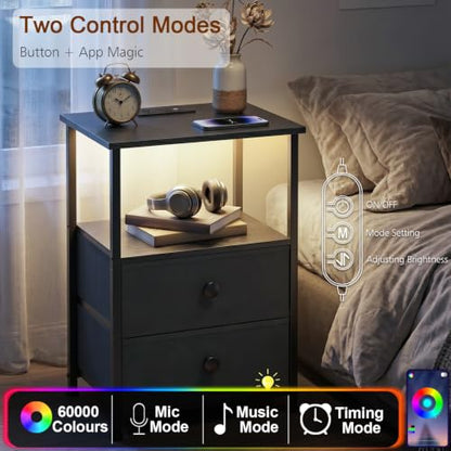 Nightstands Set of 2, LED Night Stand with Charging Station | Bedside Table with Type-C Outlets & 2 Fabric Drawers, End Tables with Storage Shelf for Bedroom, Small Spaces, Black