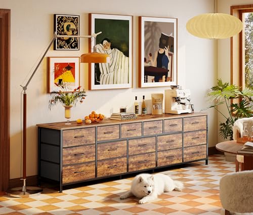 Huuger 77.6" Long Dresser for Bedroom, 16 Drawer Fabric Dresser for Closet, Wide Chest of Drawers with Storage, TV Stand for 65, 75, 85 Inch TV, 77.6" W x 13" D x 26.4" H, Rustic Brown