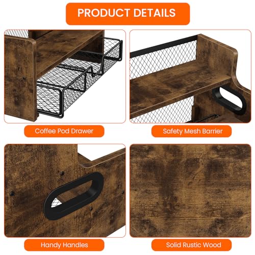 Coffee Syrup Rack Organizer, 3-Tier 8 Bottles Syrup Holder Stand with 35 K Cup Storage Basket Drawer for Coffee Bar, Wood Liquor Shelf Wine Rack Countertop for Home, Rustic Brown
