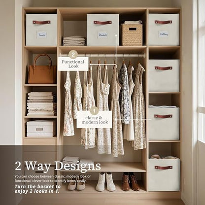 DECOMOMO Storage Bins, Cube Storage Bin with Labels | 10.5" x 11" Fabric Storage Cubes for Shelves (6pcs, Beige)