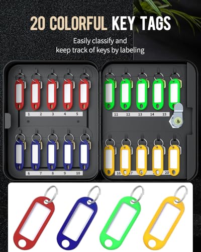 Uniclife 20 Position Key Cabinet with Key Lock Wall Mounted Black Security Storage Box Steel Key Organizer with Colorful Key Tag Labels Stickers and Hooks