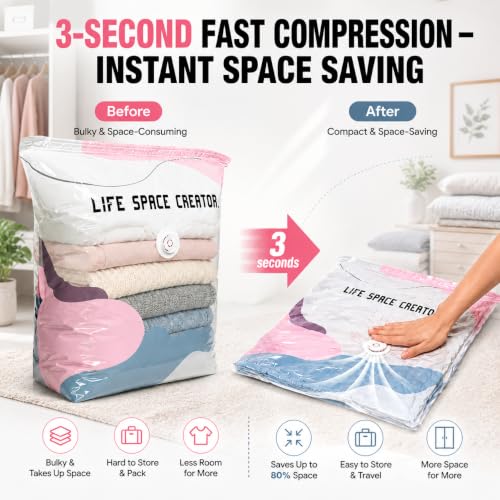 4Pcs No Pump Vacuum Storage Bags, Large Better Life Space Bags Cube Capacity Vacuum Bags for Clothes Bedding Comforters Off‑Season Gear (Pink white)